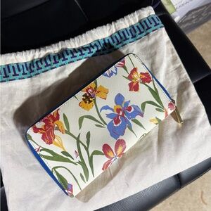 Tory Burch Painted Floral Iris Zip Continental Wallet Flower Canvas